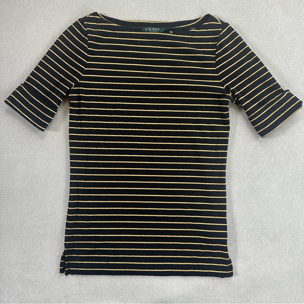 Lauren Ralph Lauren Black & Gold Striped Boatneck Top. Medium.